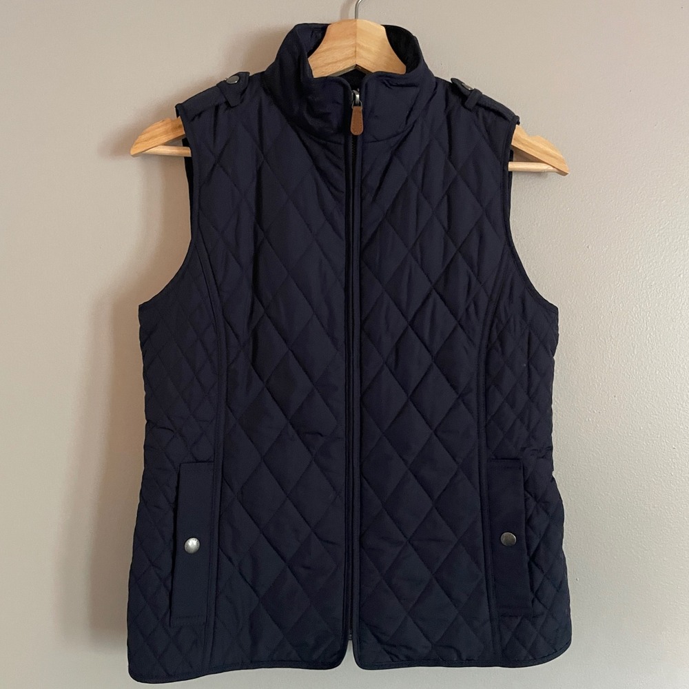 Talbots Quilted Vest Womens Petite P Navy Blue Equestrian Preppy Classic
